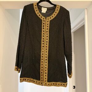 Vintage Stenay 100% Silk Black Gold Beaded Long Sleeve Blouse Evening Elegant LG